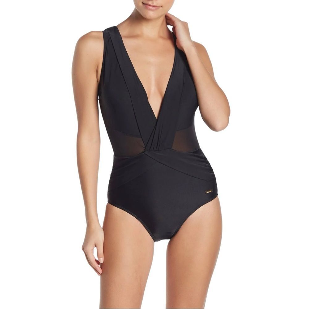 Nicole Miller Plunge Neckline Mesh Illusion Black One Piece Swimsuit Size 12